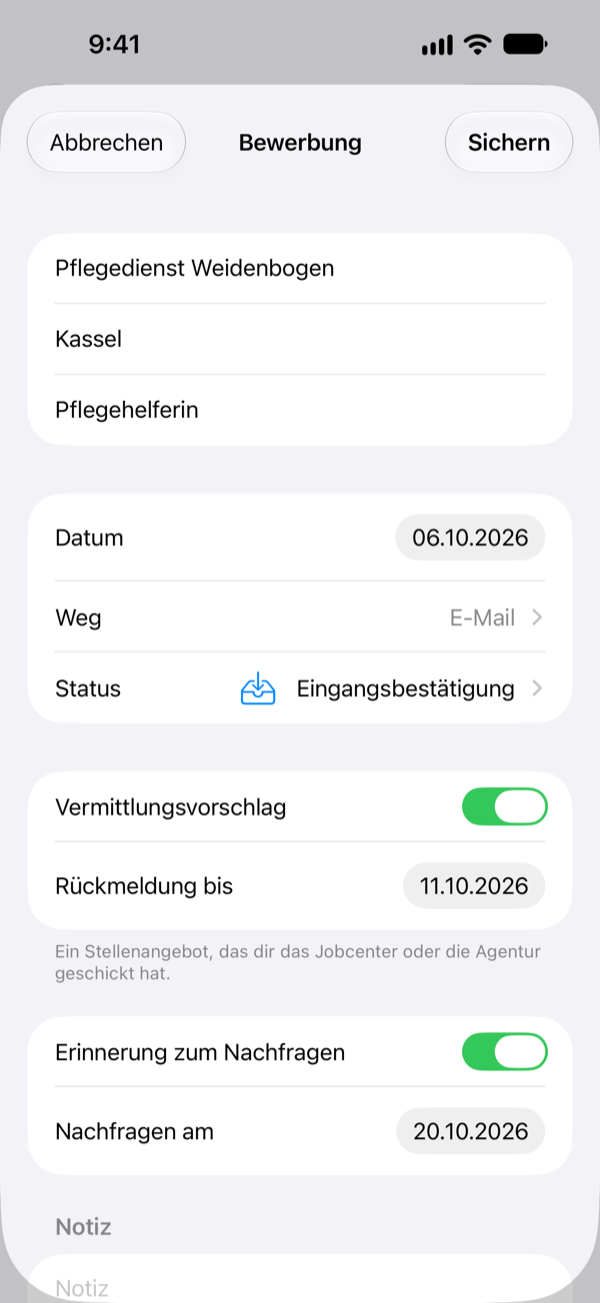 Nachweisheft auf dem iPhone: die Bewerbung als Pflegehelferin beim Pflegedienst Weidenbogen in Kassel, mit Datum, Weg der Bewerbung, Status, Vermittlungsvorschlag und Erinnerung zum Nachfragen.